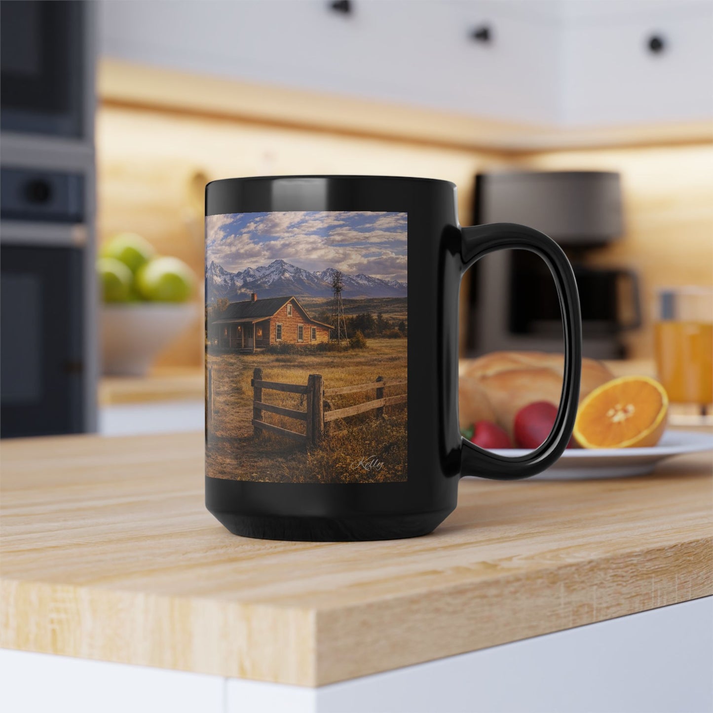 Rustic Mountain Farm Scene Coffee Mug — Vintage Tractor & Farm House Black Ceramic Mug (15oz)