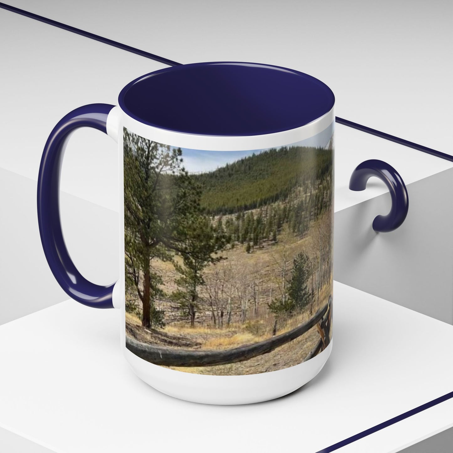 Empire Colorado Mountains Accent Coffee Mug — Scenic Pine Forest & Rustic Fence 11oz/15oz