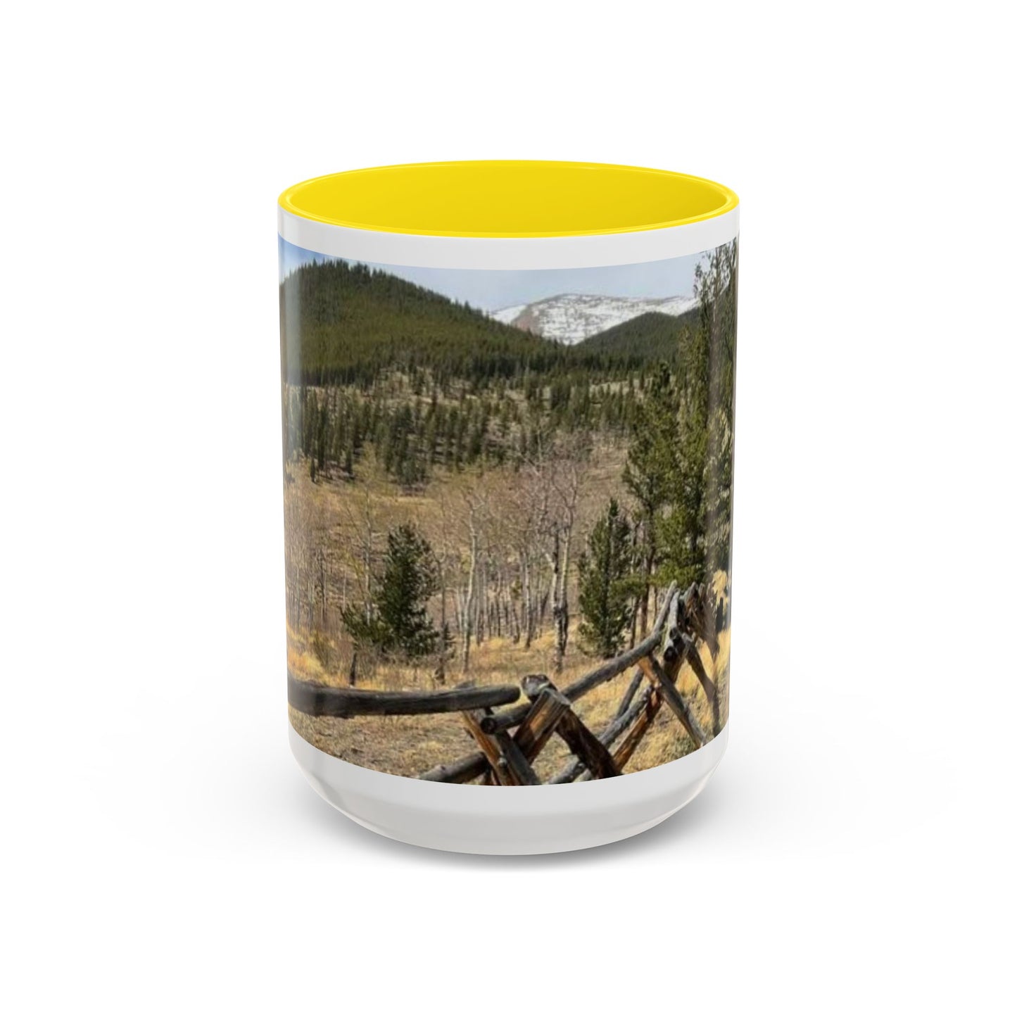 Empire Colorado Mountains Accent Coffee Mug — Scenic Pine Forest & Rustic Fence 11oz/15oz