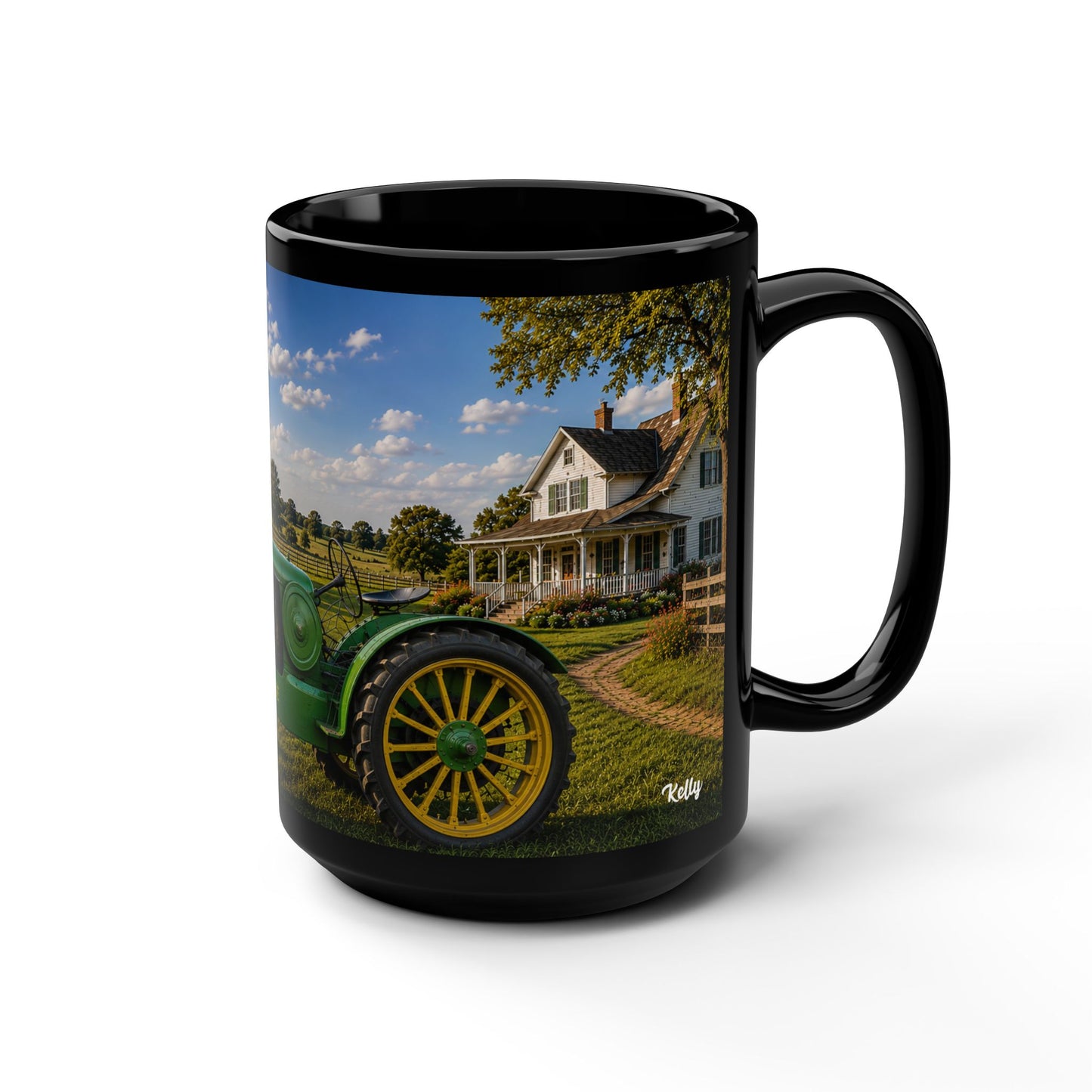 Vintage Tractor Farm Scene Ceramic 15oz Black Coffee Mug