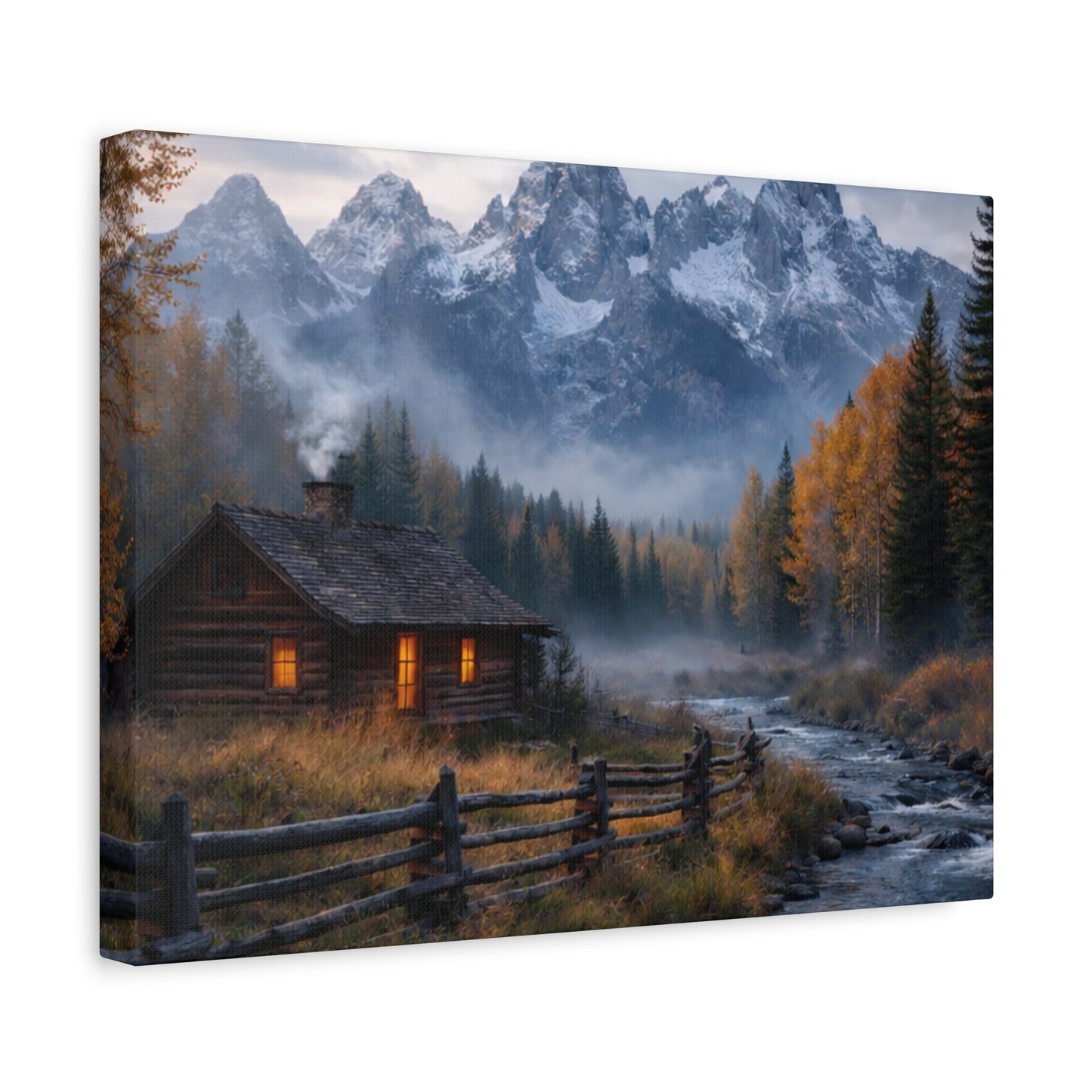 Mountain Cabin Canvas Print — Cozy Rustic Landscape Wall Art, Stretched Matte 1.25"