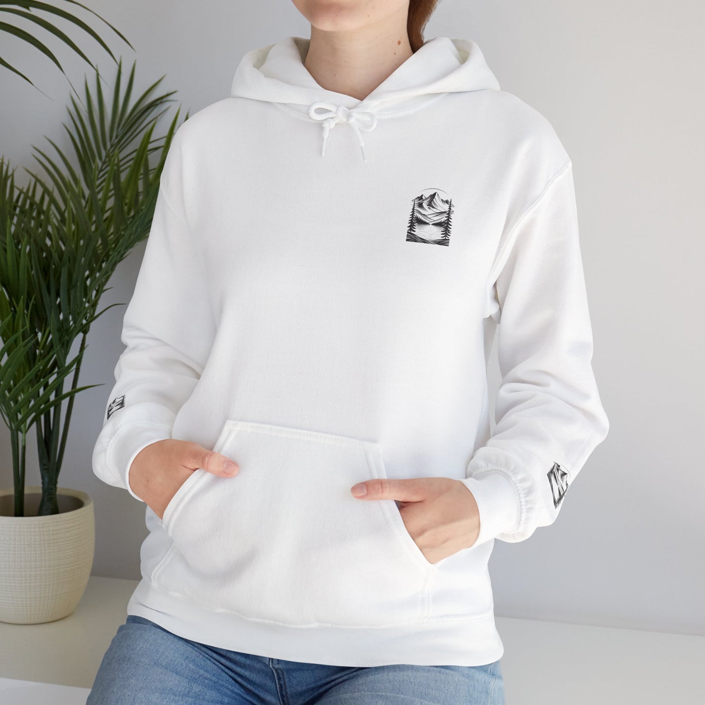 Minimalist 'Mountain Scene Sketch' Hoodie — Small Chest & Sleeve Sketch Print
