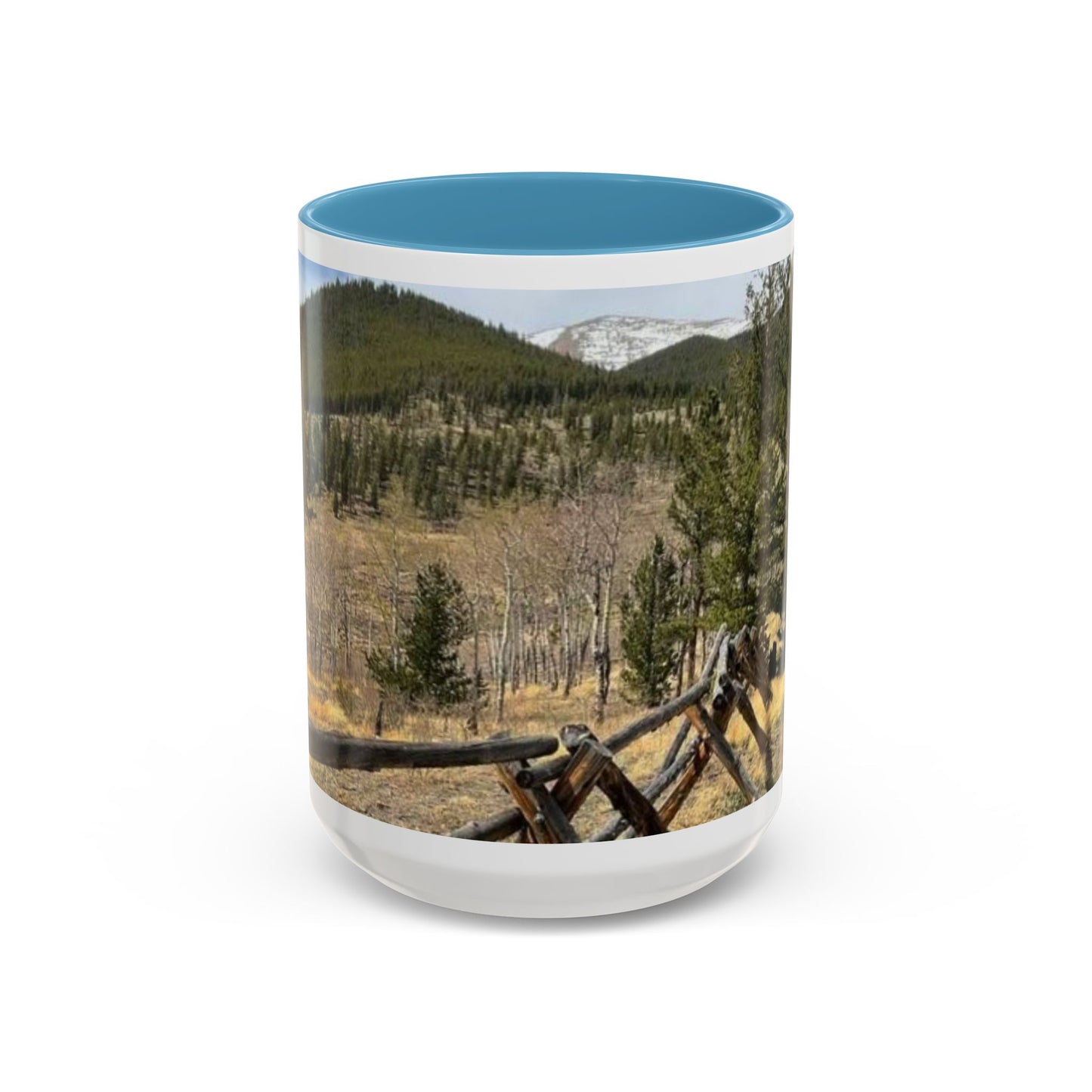 Empire Colorado Mountains Accent Coffee Mug — Scenic Pine Forest & Rustic Fence 11oz/15oz