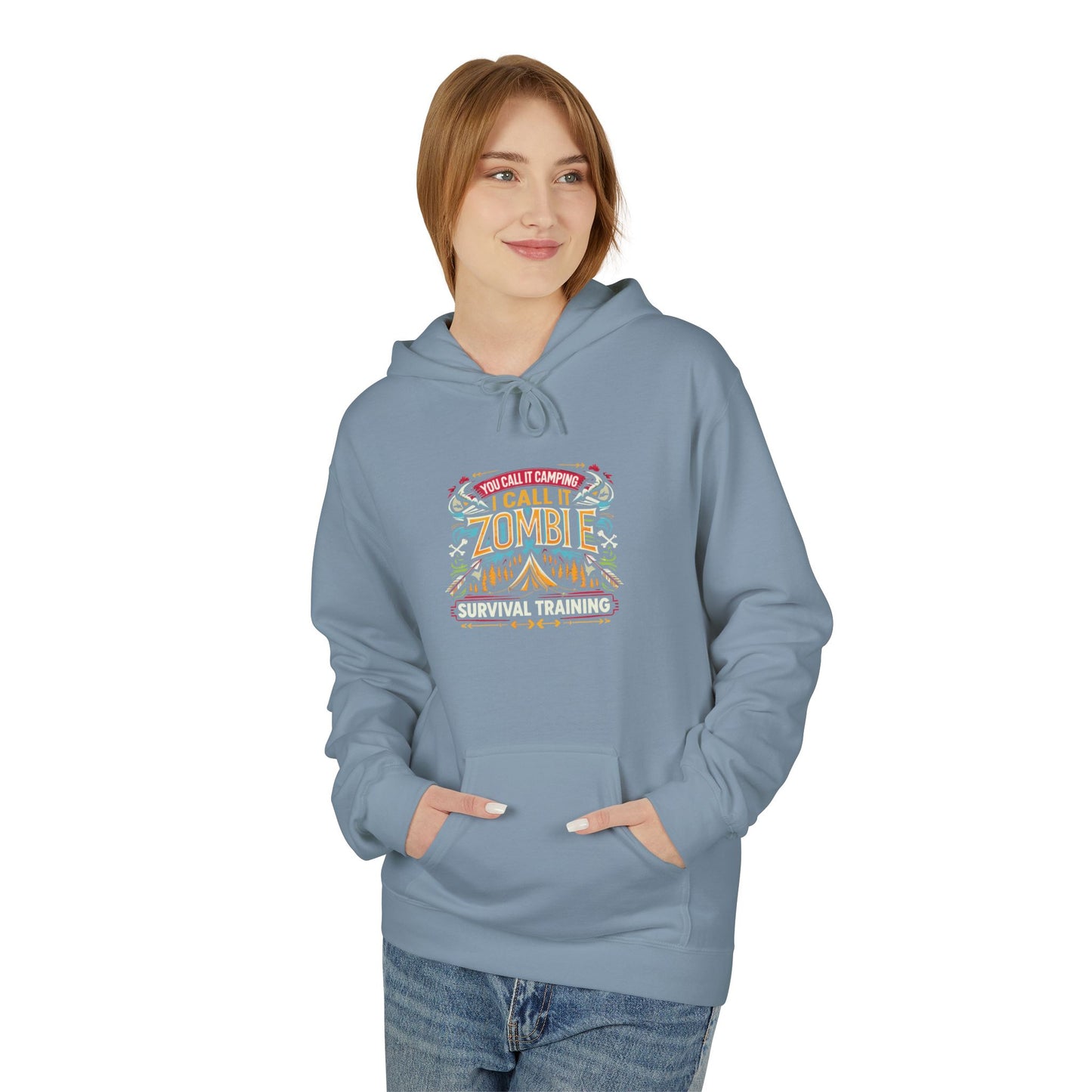 Zombie Survival Training Hoodie — Retro Tropical Camping Graphic