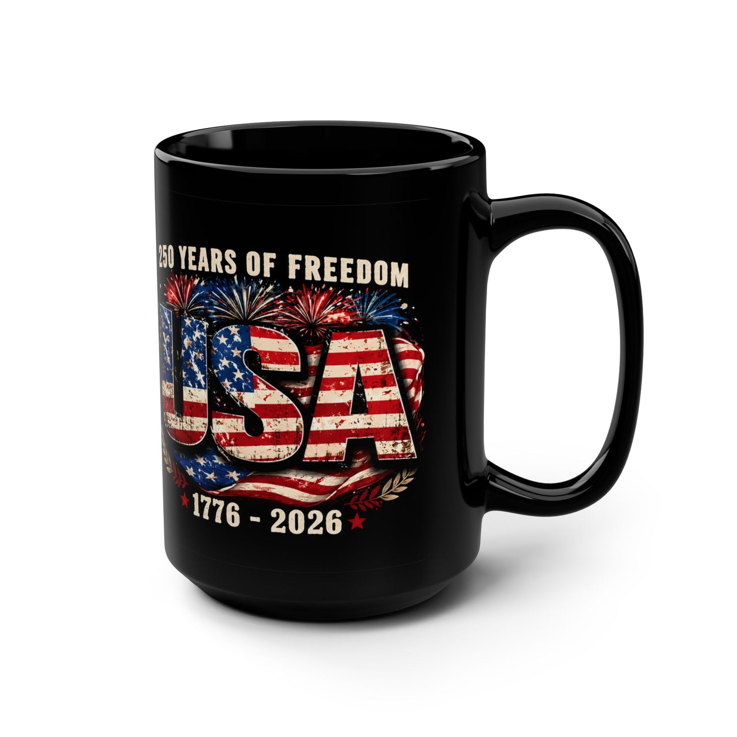 USA 250 Years Freedom Black Mug — 1776–2026 Patriotic Coffee Cup