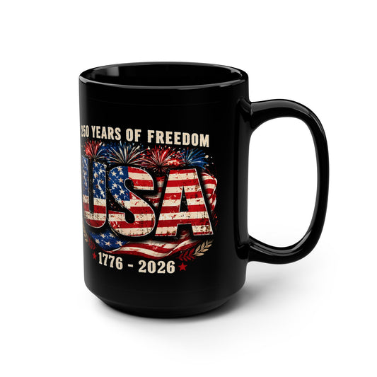 USA 250 Years Freedom Black Mug — 1776–2026 Patriotic Coffee Cup