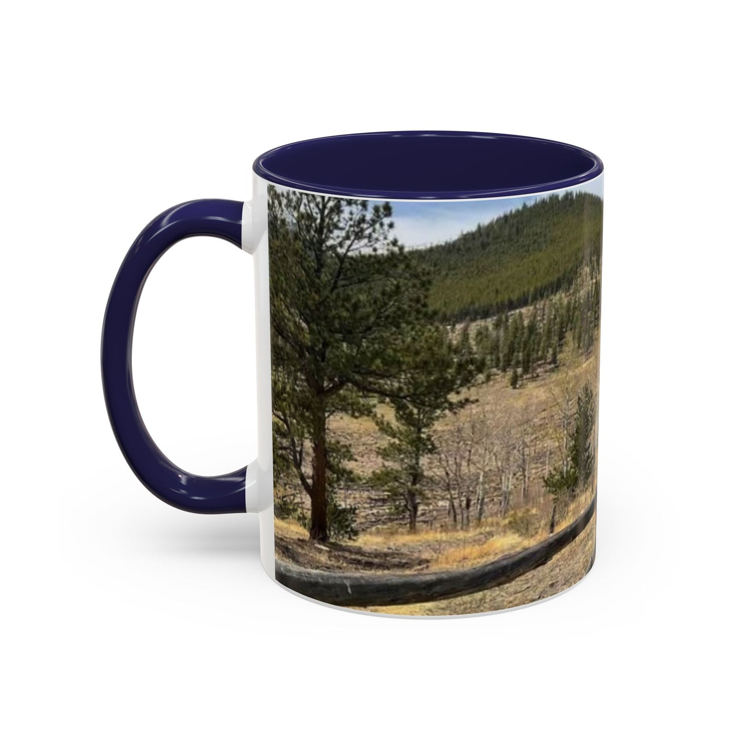 Empire Colorado Mountains Accent Coffee Mug — Scenic Pine Forest & Rustic Fence 11oz/15oz