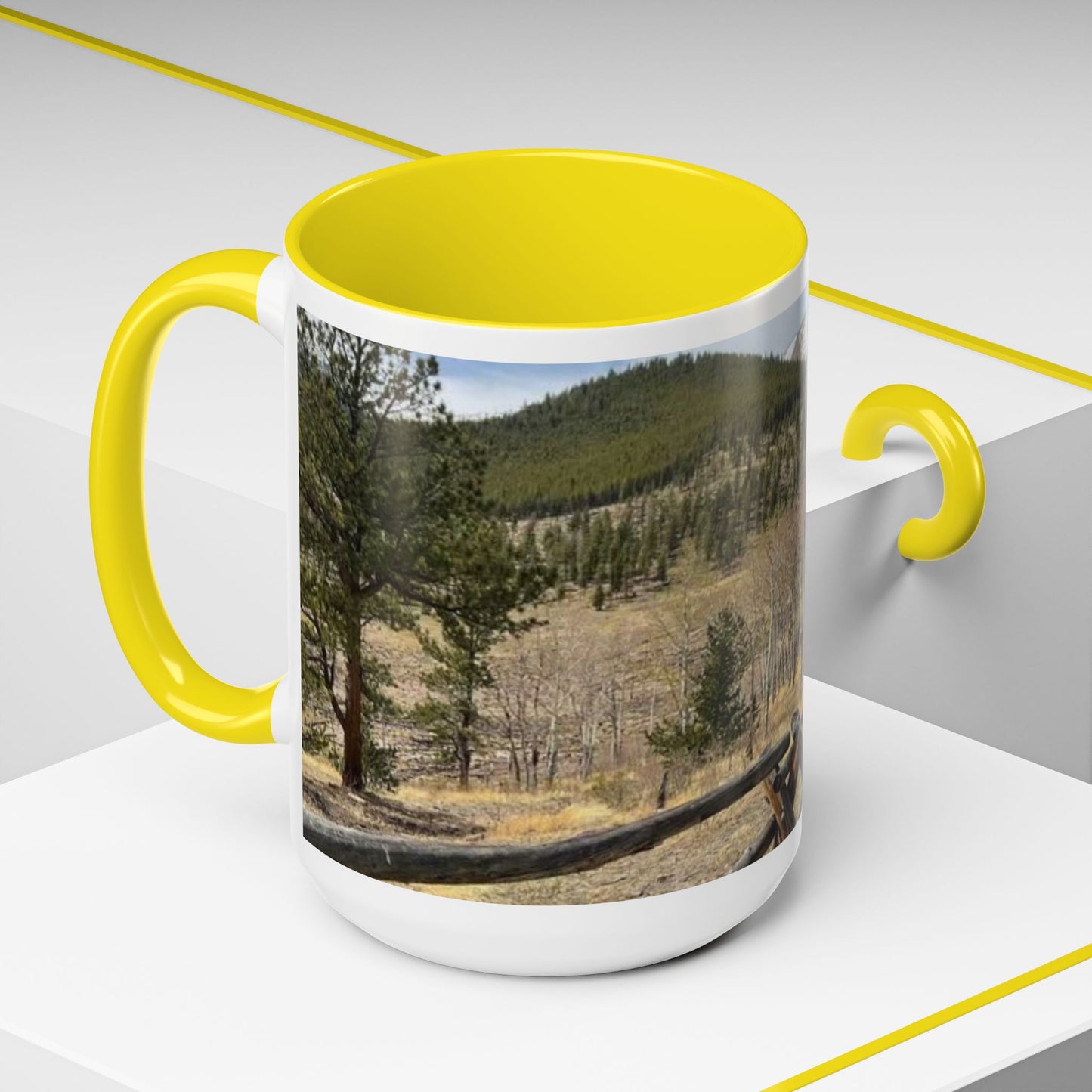 Empire Colorado Mountains Accent Coffee Mug — Scenic Pine Forest & Rustic Fence 11oz/15oz