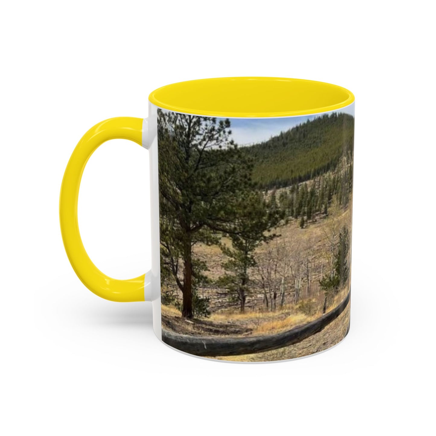 Empire Colorado Mountains Accent Coffee Mug — Scenic Pine Forest & Rustic Fence 11oz/15oz