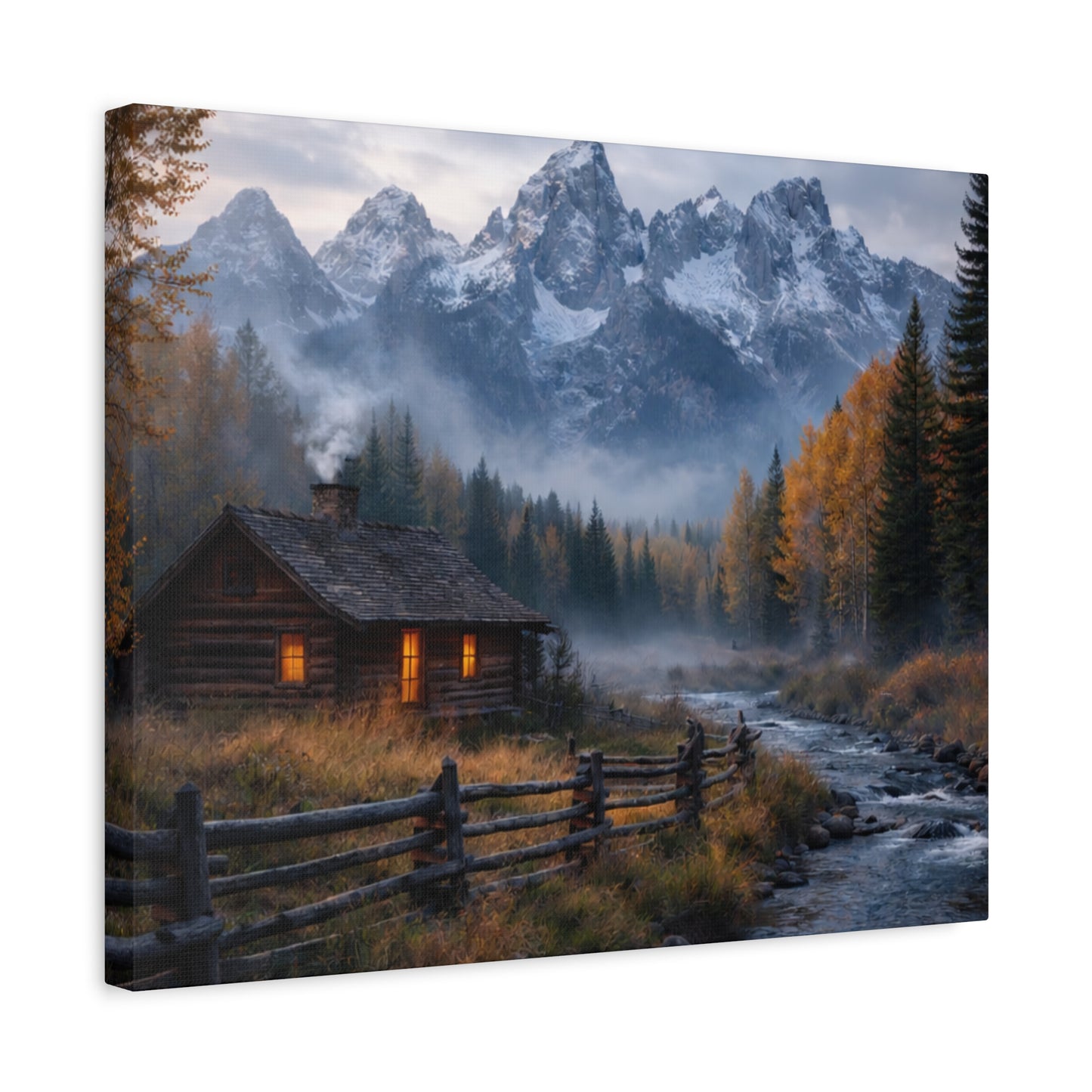 Mountain Cabin Canvas Print — Cozy Rustic Landscape Wall Art, Stretched Matte 1.25"