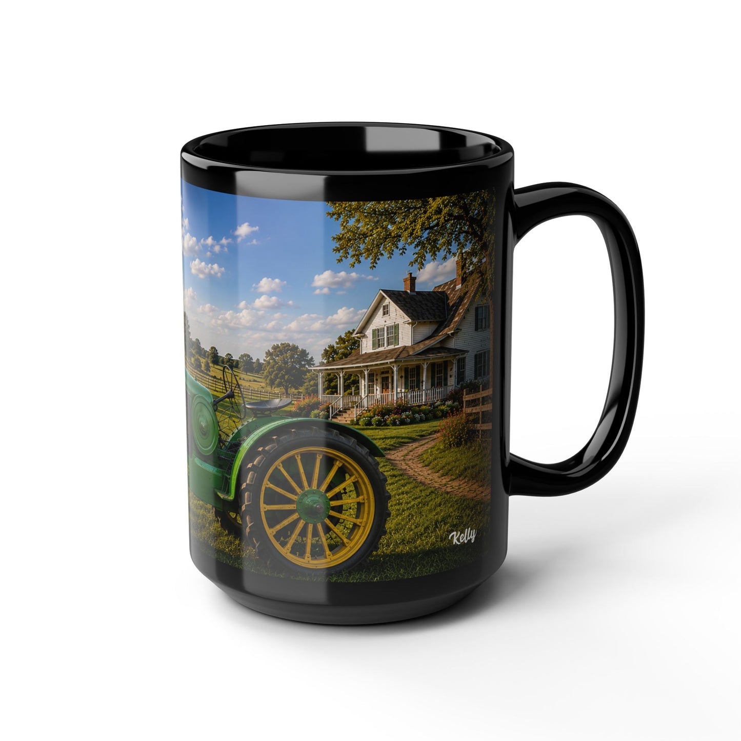 Vintage Tractor Farm Scene Ceramic 15oz Black Coffee Mug