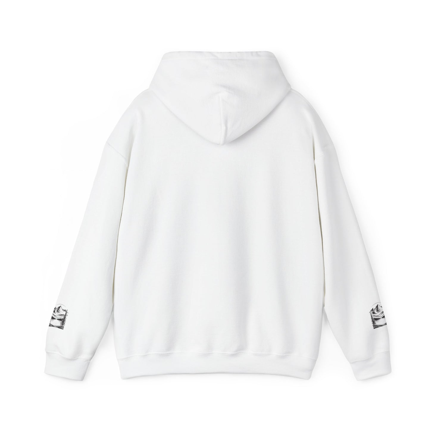 Minimalist 'Mountain Scene Sketch' Hoodie — Small Chest & Sleeve Sketch Print