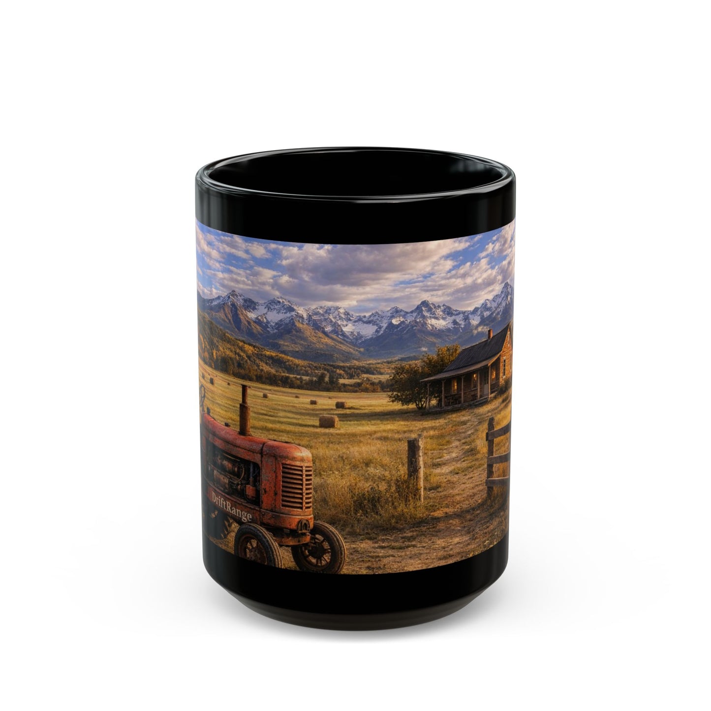 Rustic Mountain Farm Scene Coffee Mug — Vintage Tractor & Farm House Black Ceramic Mug (15oz)