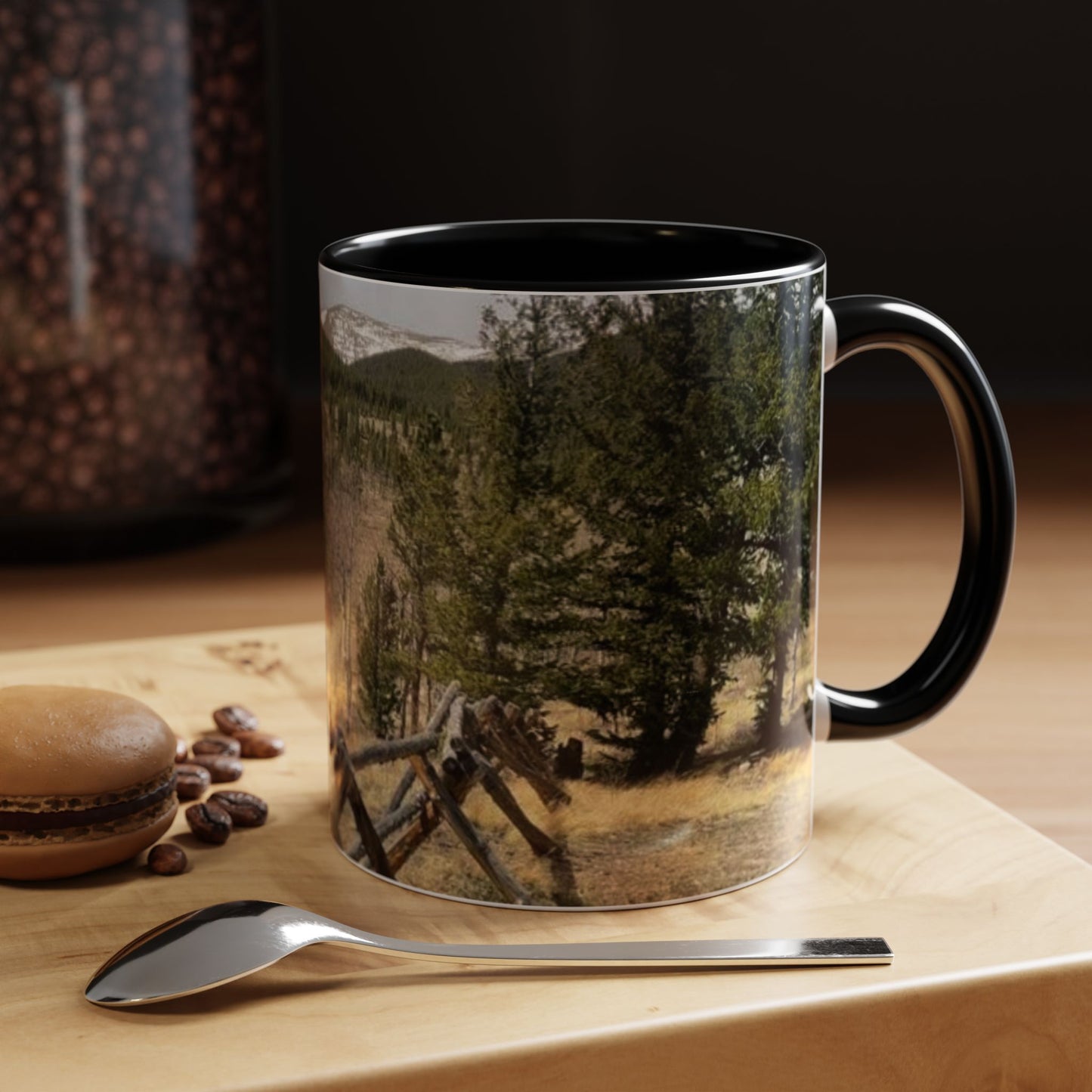 Empire Colorado Mountains Accent Coffee Mug — Scenic Pine Forest & Rustic Fence 11oz/15oz