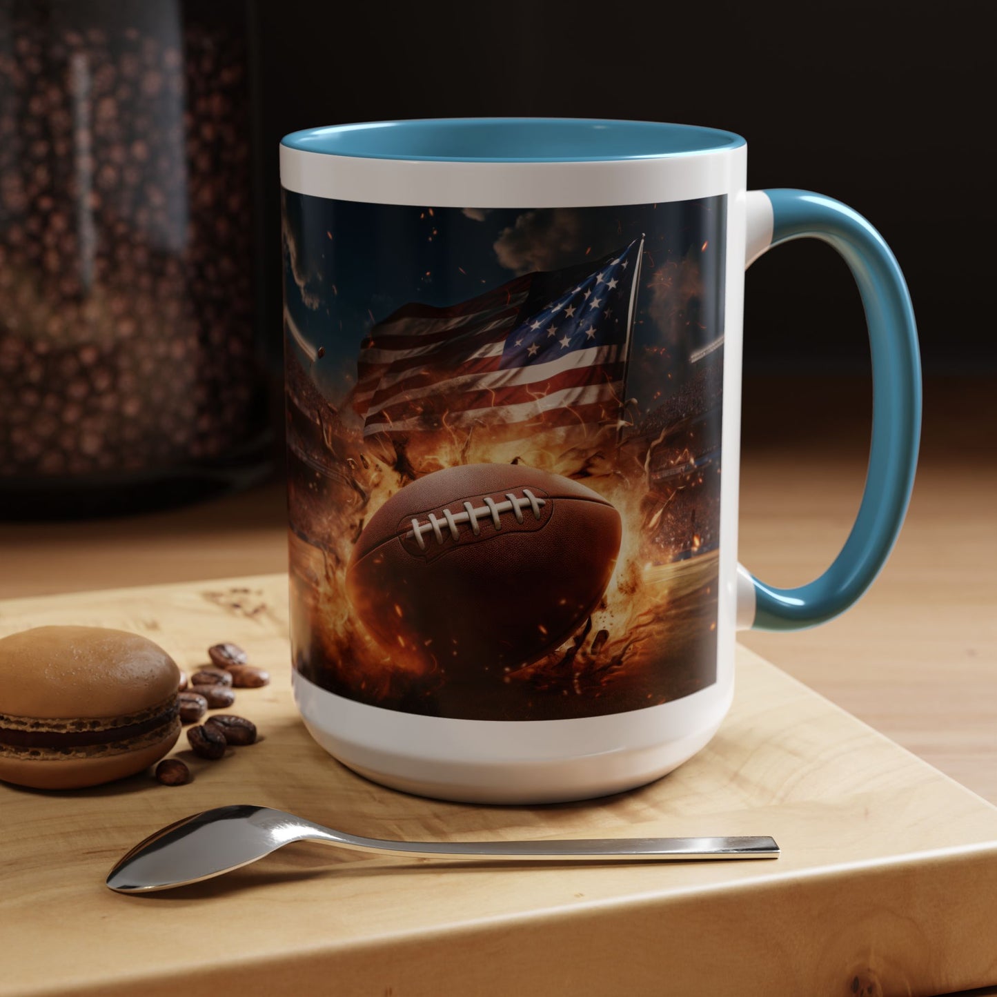 American Football Coffee Mug – Patriotic Flag & Fiery Football Accent Mug (15oz)