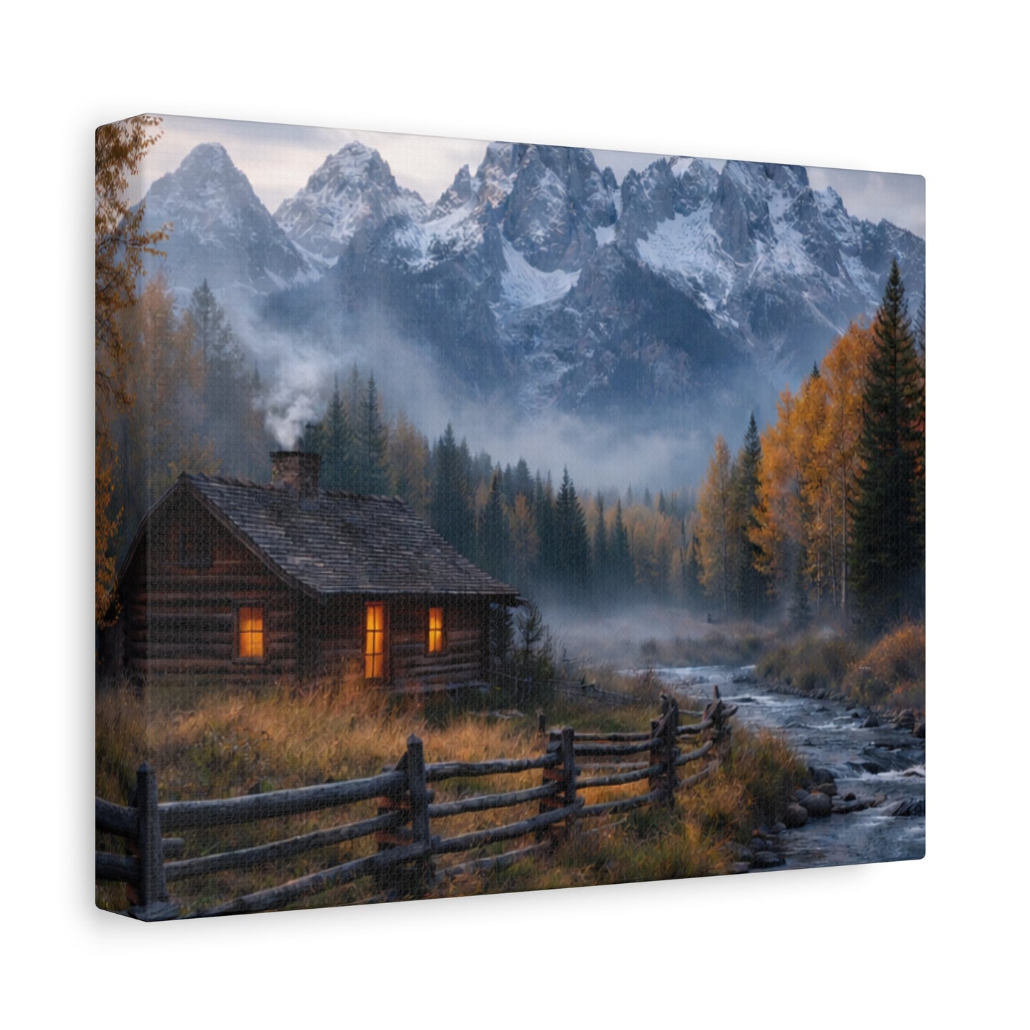 Mountain Cabin Canvas Print — Cozy Rustic Landscape Wall Art, Stretched Matte 1.25"
