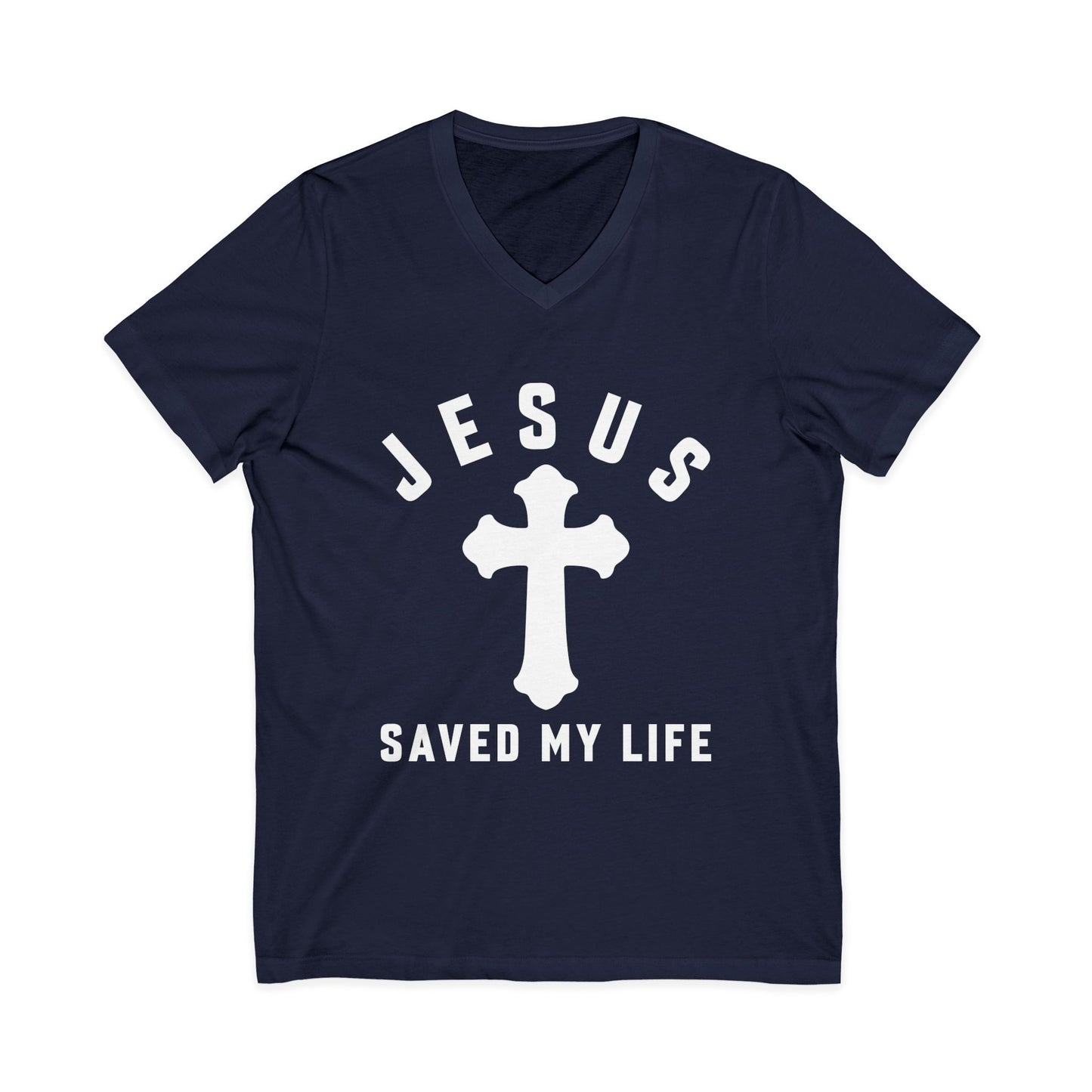 Christian V‑Neck Tee — "Jesus Saved My Life" Cross Faith T‑Shirt