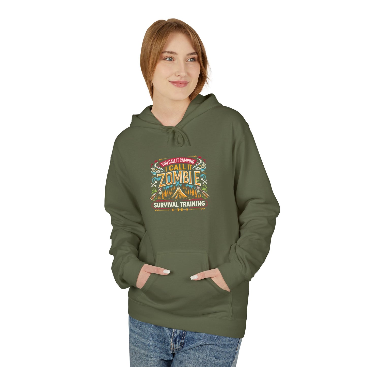 Zombie Survival Training Hoodie — Retro Tropical Camping Graphic