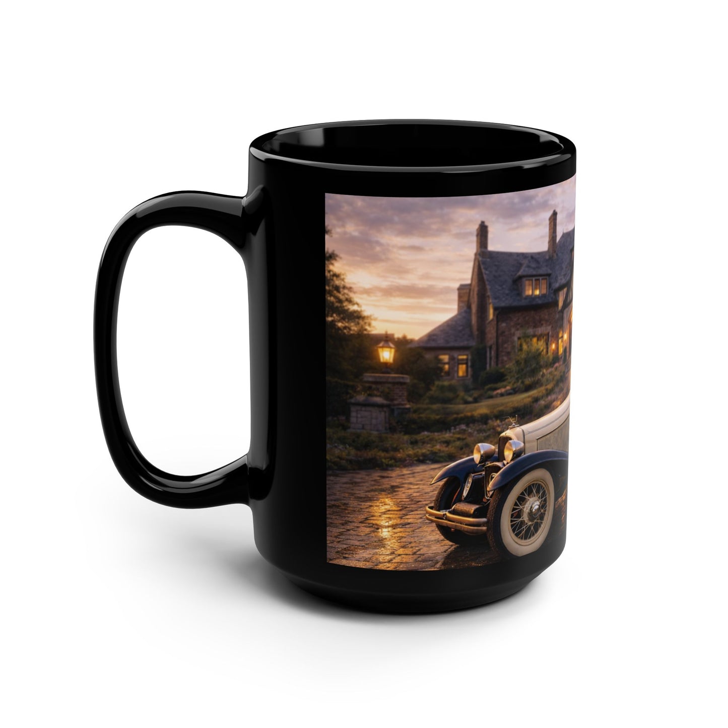 Vintage Convertible Car Scene 15oz Black Mug — Classic Car & Cozy Mansion Coffee Cup