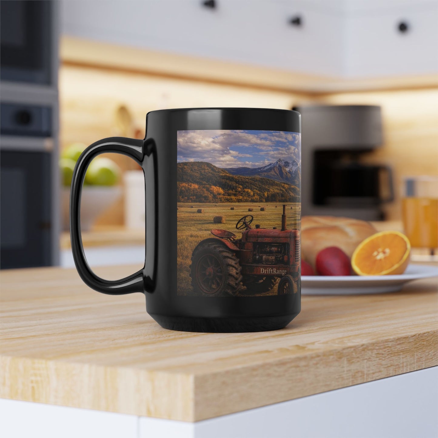 Rustic Mountain Farm Scene Coffee Mug — Vintage Tractor & Farm House Black Ceramic Mug (15oz)