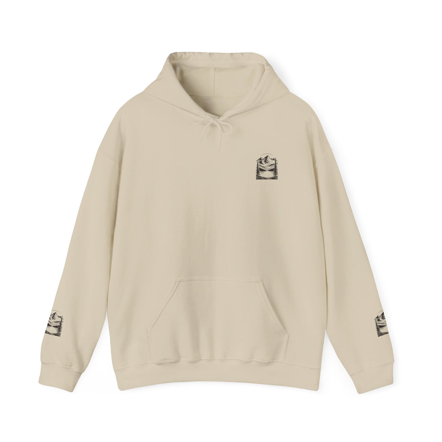 Minimalist 'Mountain Scene Sketch' Hoodie — Small Chest & Sleeve Sketch Print