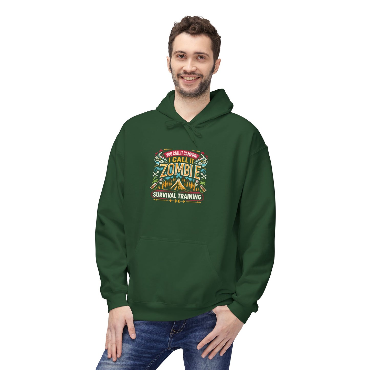 Zombie Survival Training Hoodie — Retro Tropical Camping Graphic
