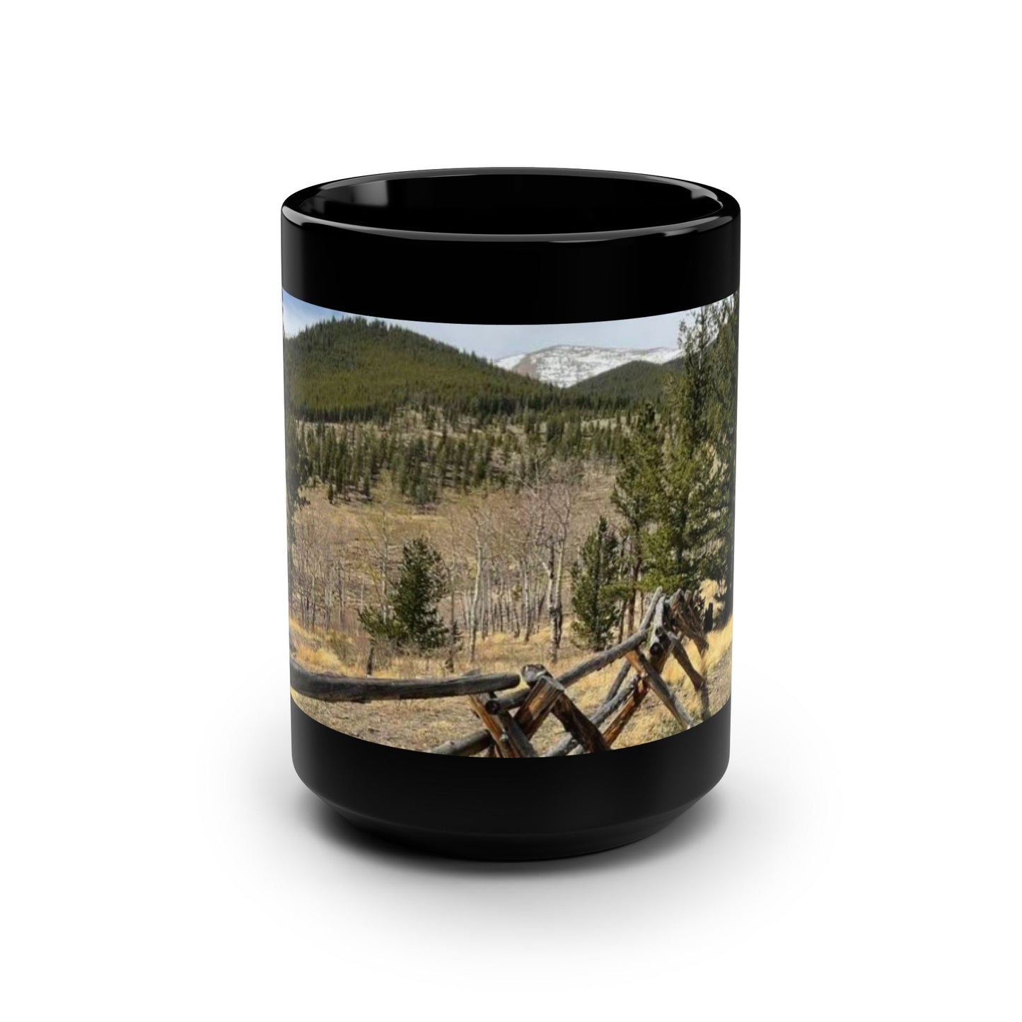 North Empire Colorado Photography  Black Coffee Mug — Scenic Fence & Pine Tree 15oz