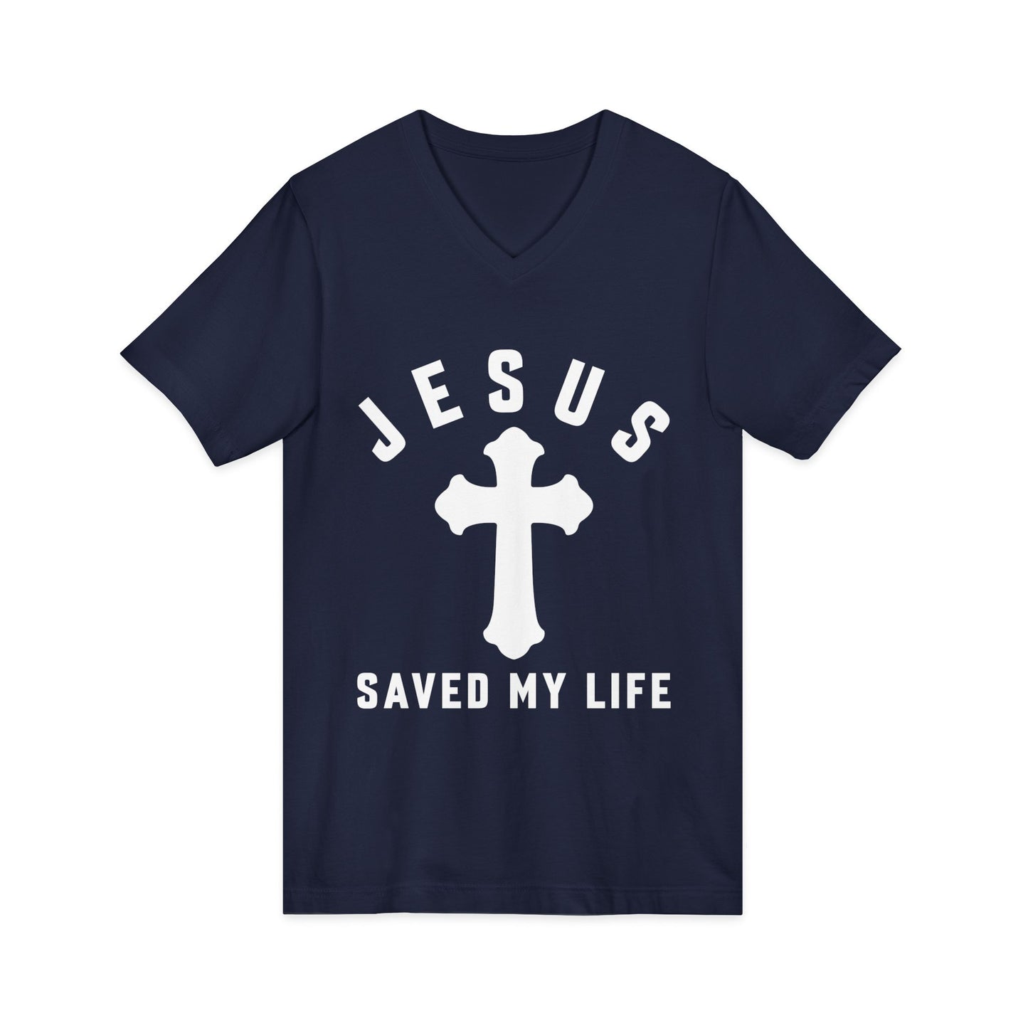 Christian V‑Neck Tee — "Jesus Saved My Life" Cross Faith T‑Shirt