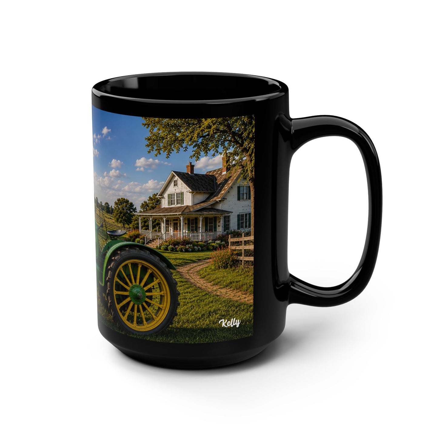 Vintage Tractor Farm Scene Ceramic 15oz Black Coffee Mug