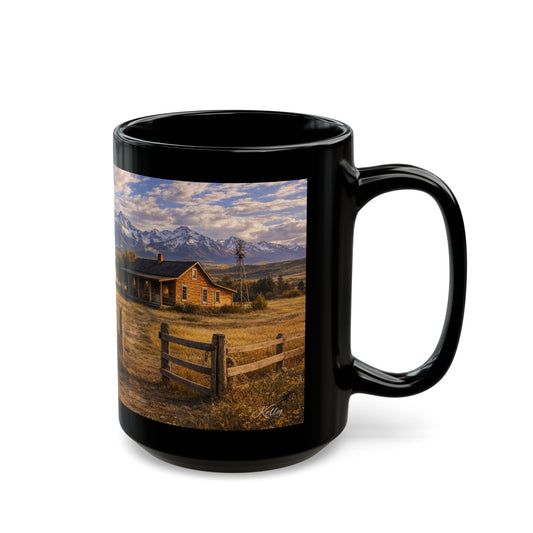 Rustic Mountain Farm Scene Coffee Mug — Vintage Tractor & Farm House Black Ceramic Mug (15oz)