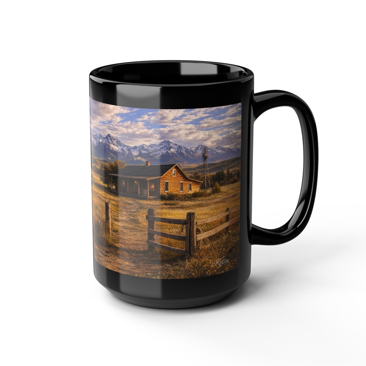 Rustic Mountain Farm Scene Coffee Mug — Vintage Tractor & Farm House Black Ceramic Mug (15oz)