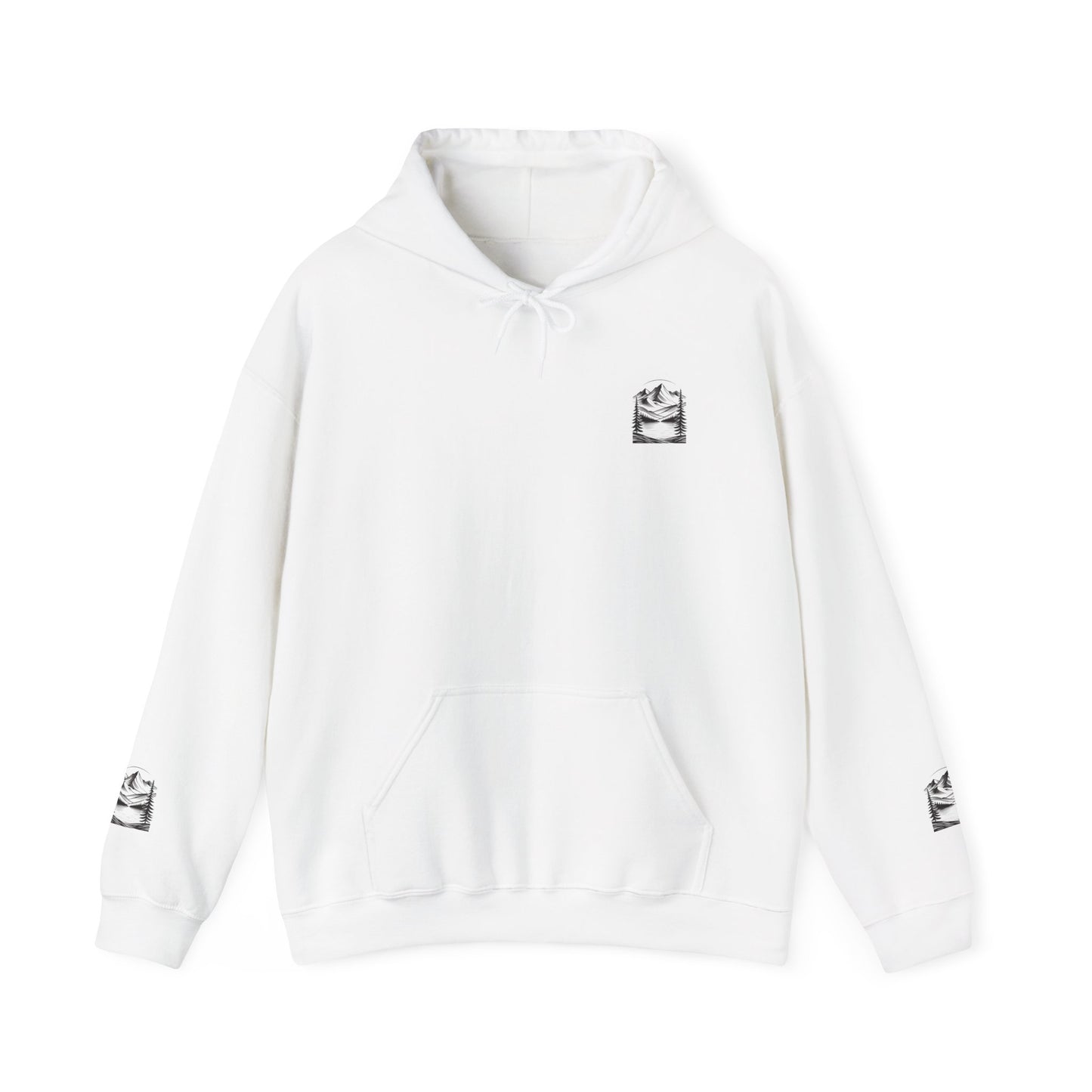 Minimalist 'Mountain Scene Sketch' Hoodie — Small Chest & Sleeve Sketch Print