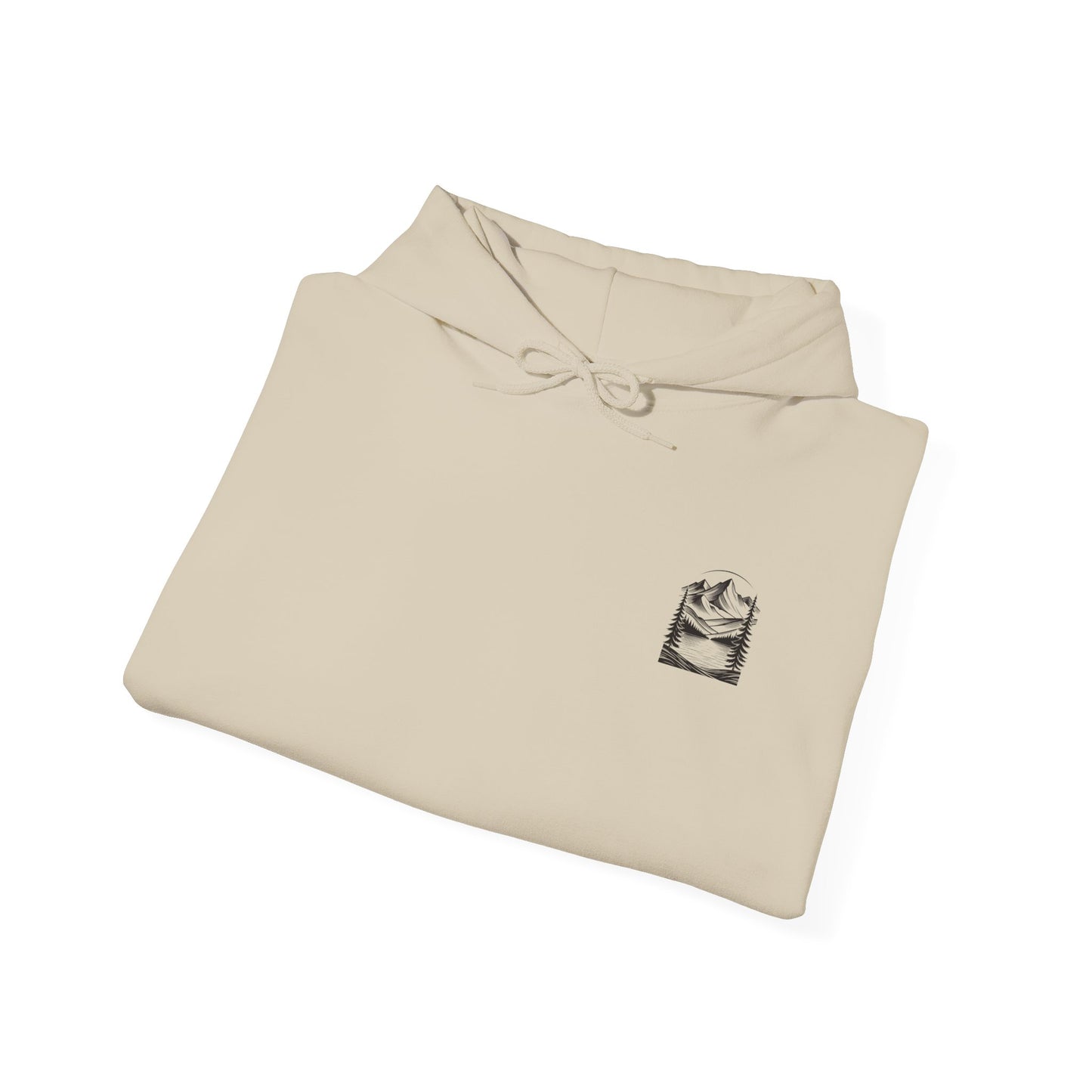 Minimalist 'Mountain Scene Sketch' Hoodie — Small Chest & Sleeve Sketch Print