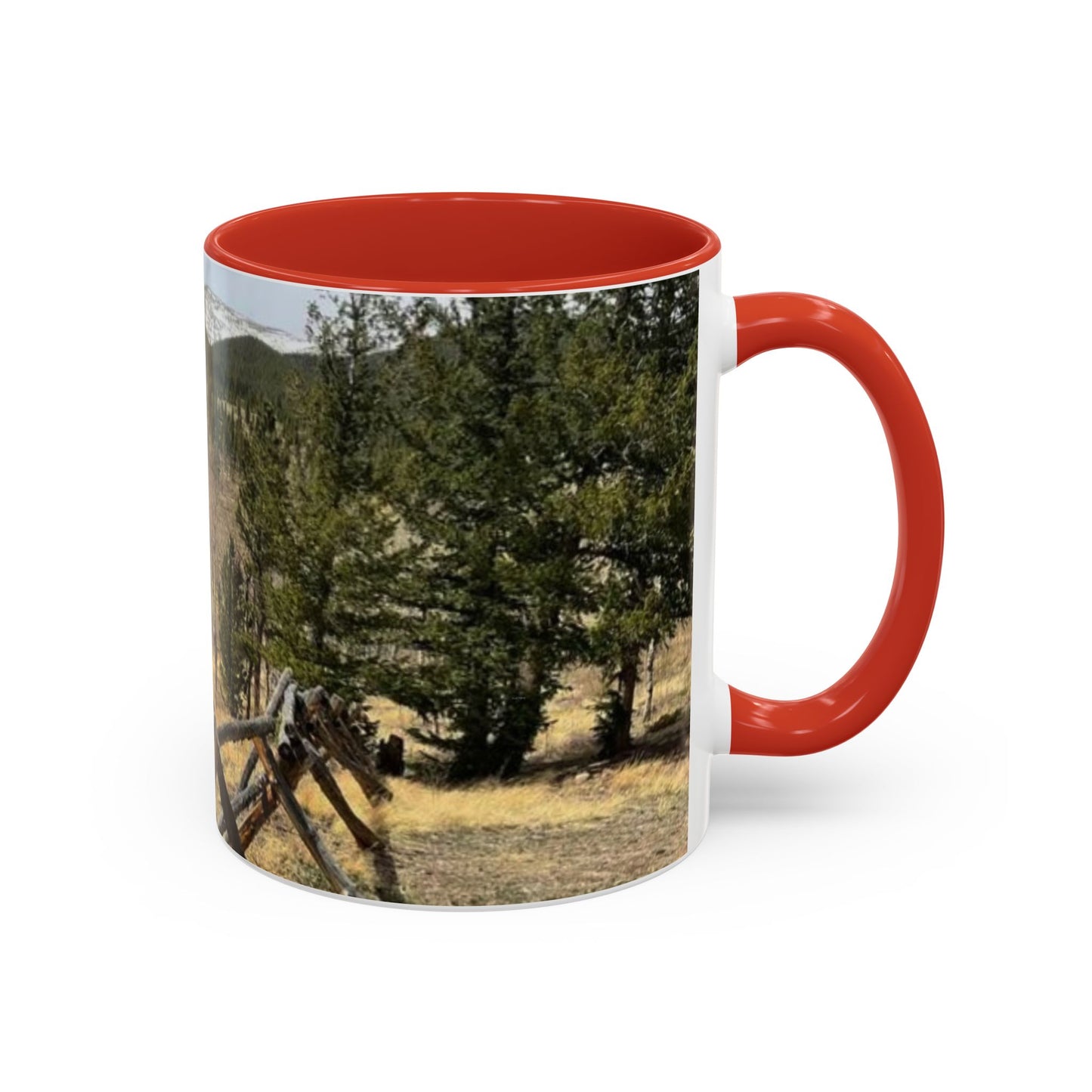 Empire Colorado Mountains Accent Coffee Mug — Scenic Pine Forest & Rustic Fence 11oz/15oz