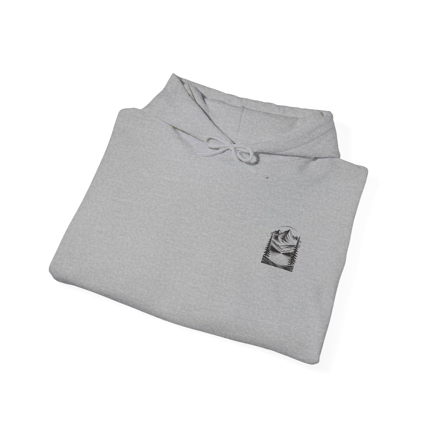 Minimalist 'Mountain Scene Sketch' Hoodie — Small Chest & Sleeve Sketch Print