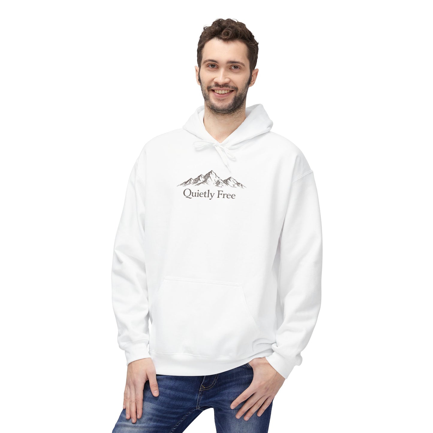 Quiet & Free Mountain Hoodie — Minimal Nature Graphic Pullover