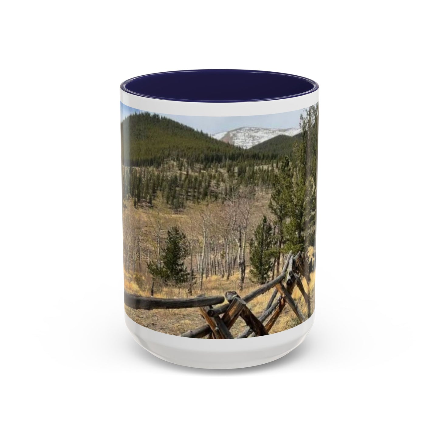 Empire Colorado Mountains Accent Coffee Mug — Scenic Pine Forest & Rustic Fence 11oz/15oz