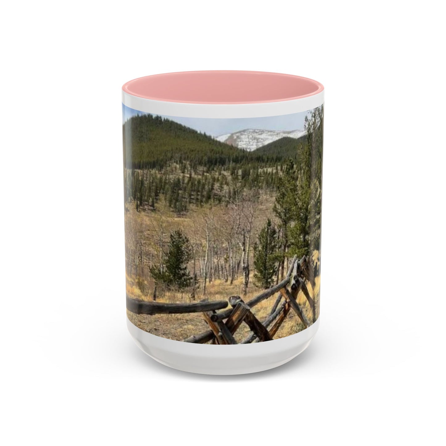Empire Colorado Mountains Accent Coffee Mug — Scenic Pine Forest & Rustic Fence 11oz/15oz