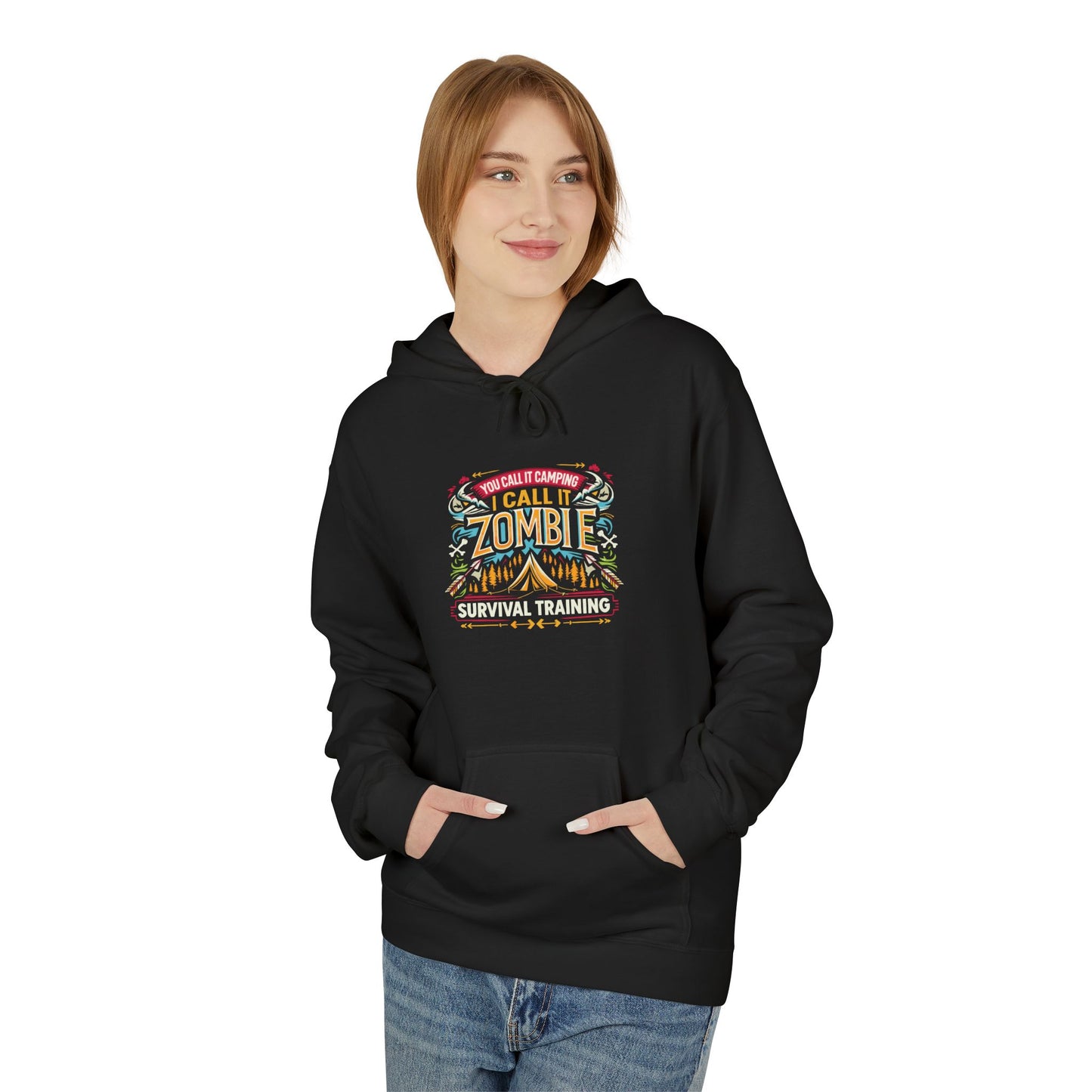 Zombie Survival Training Hoodie — Retro Tropical Camping Graphic