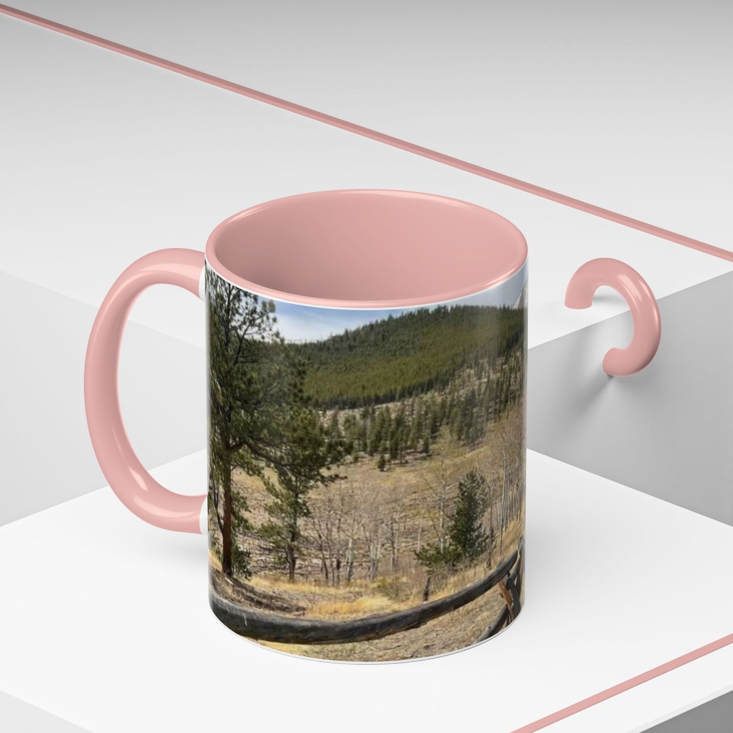 Empire Colorado Mountains Accent Coffee Mug — Scenic Pine Forest & Rustic Fence 11oz/15oz