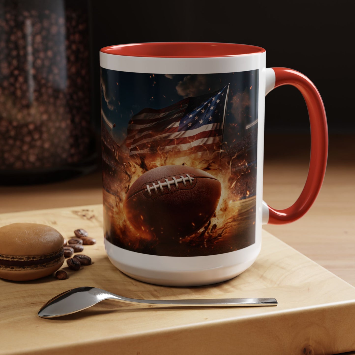 American Football Coffee Mug – Patriotic Flag & Fiery Football Accent Mug (15oz)
