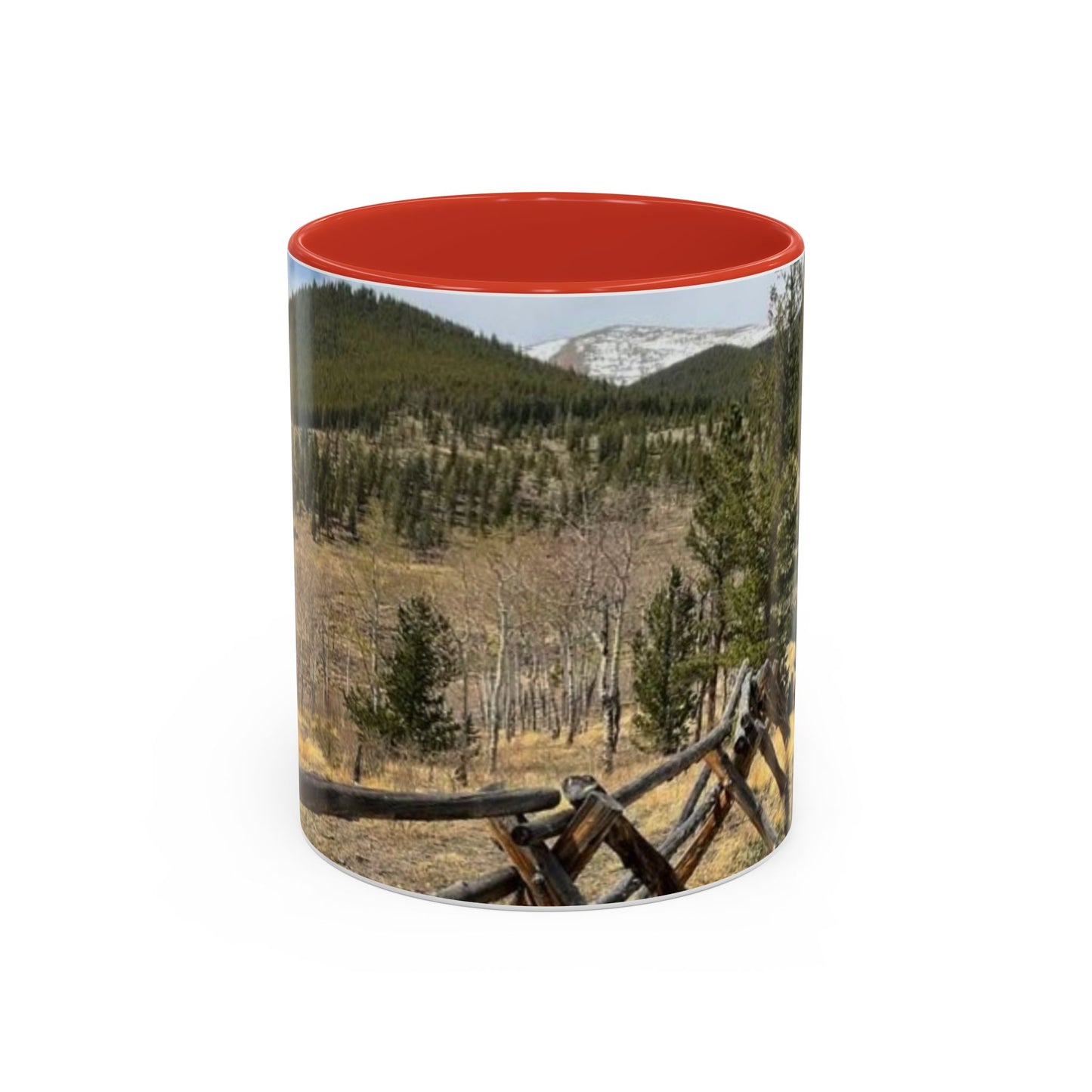 Empire Colorado Mountains Accent Coffee Mug — Scenic Pine Forest & Rustic Fence 11oz/15oz