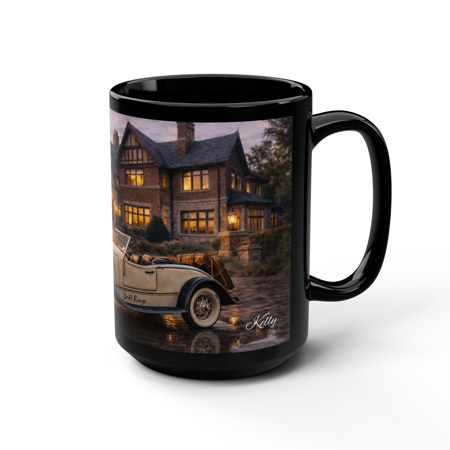 Vintage Convertible Car Scene 15oz Black Mug — Classic Car & Cozy Mansion Coffee Cup