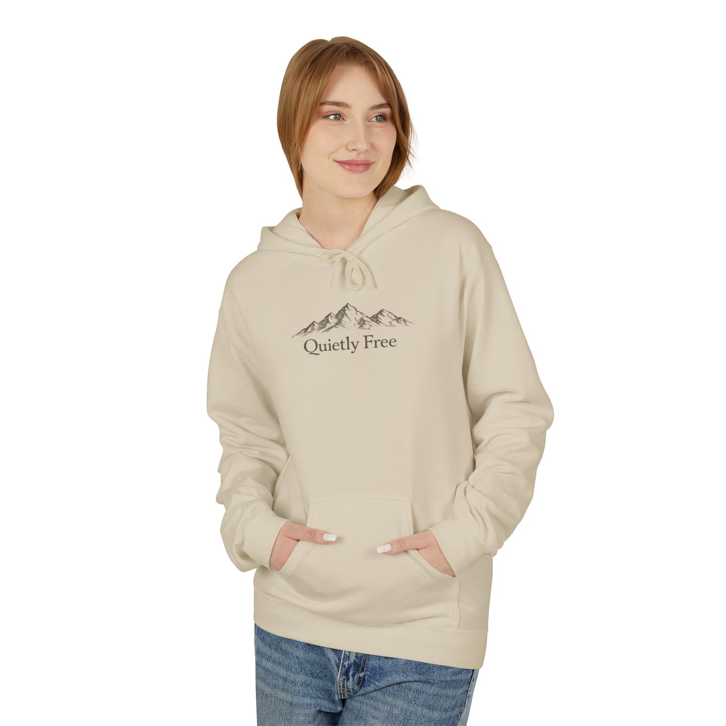 Quiet & Free Mountain Hoodie — Minimal Nature Graphic Pullover