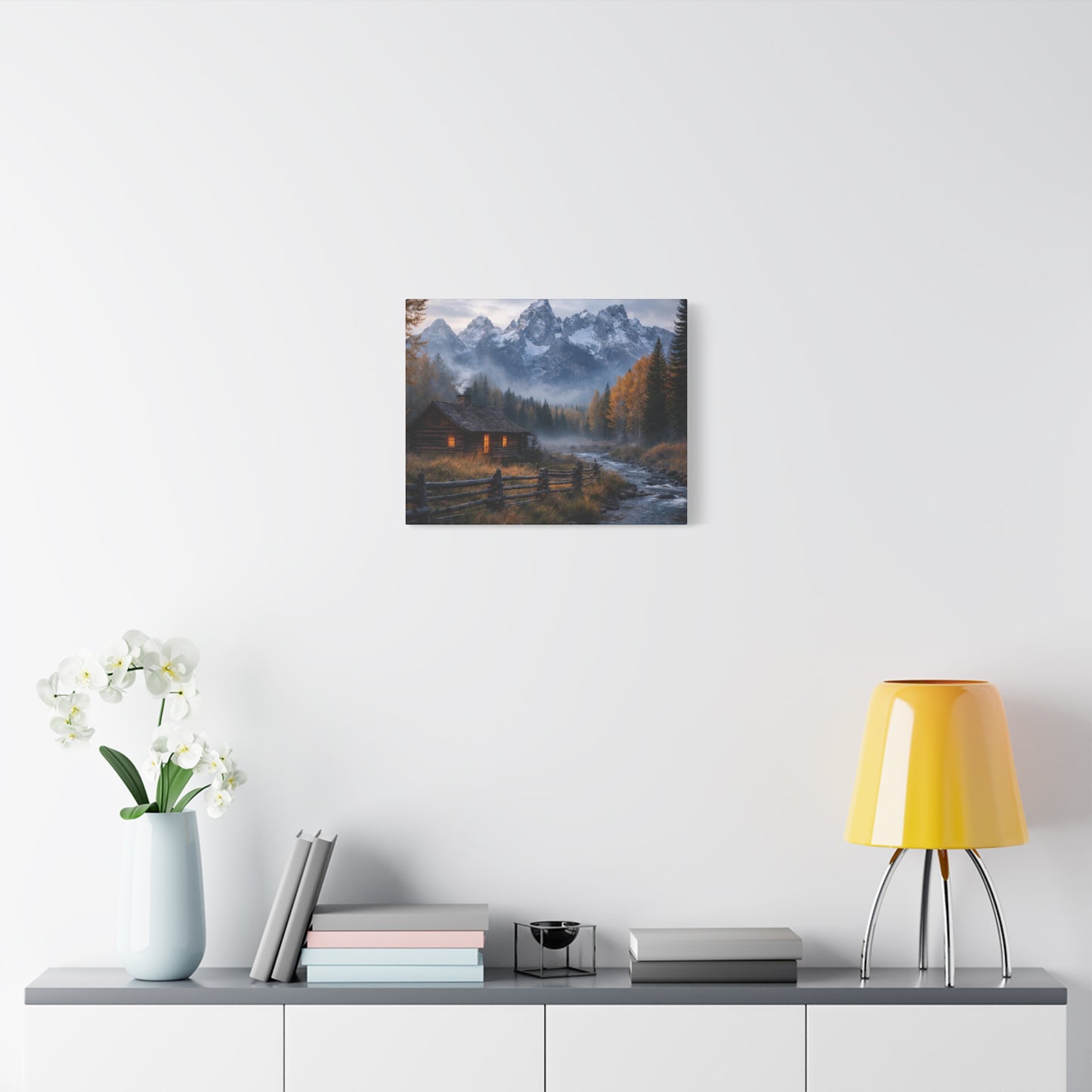 Mountain Cabin Canvas Print — Cozy Rustic Landscape Wall Art, Stretched Matte 1.25"