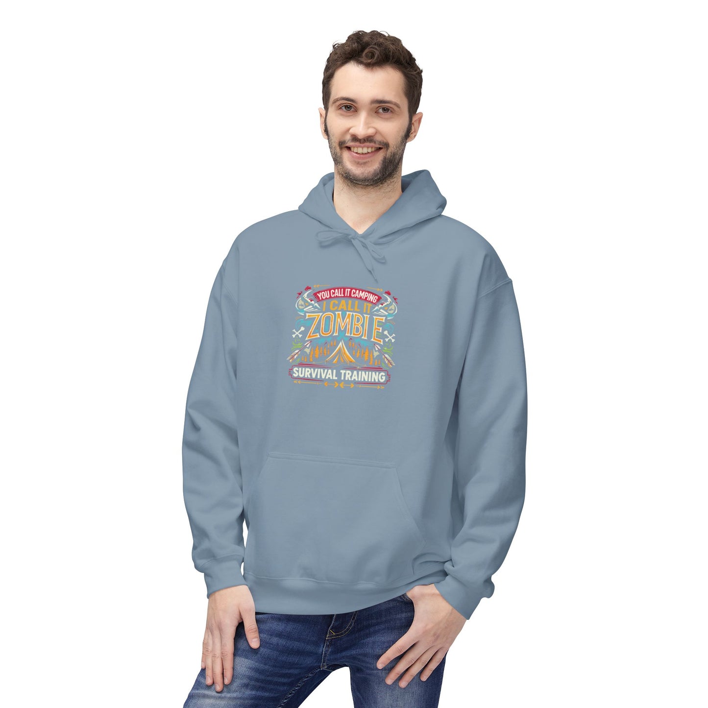 Zombie Survival Training Hoodie — Retro Tropical Camping Graphic
