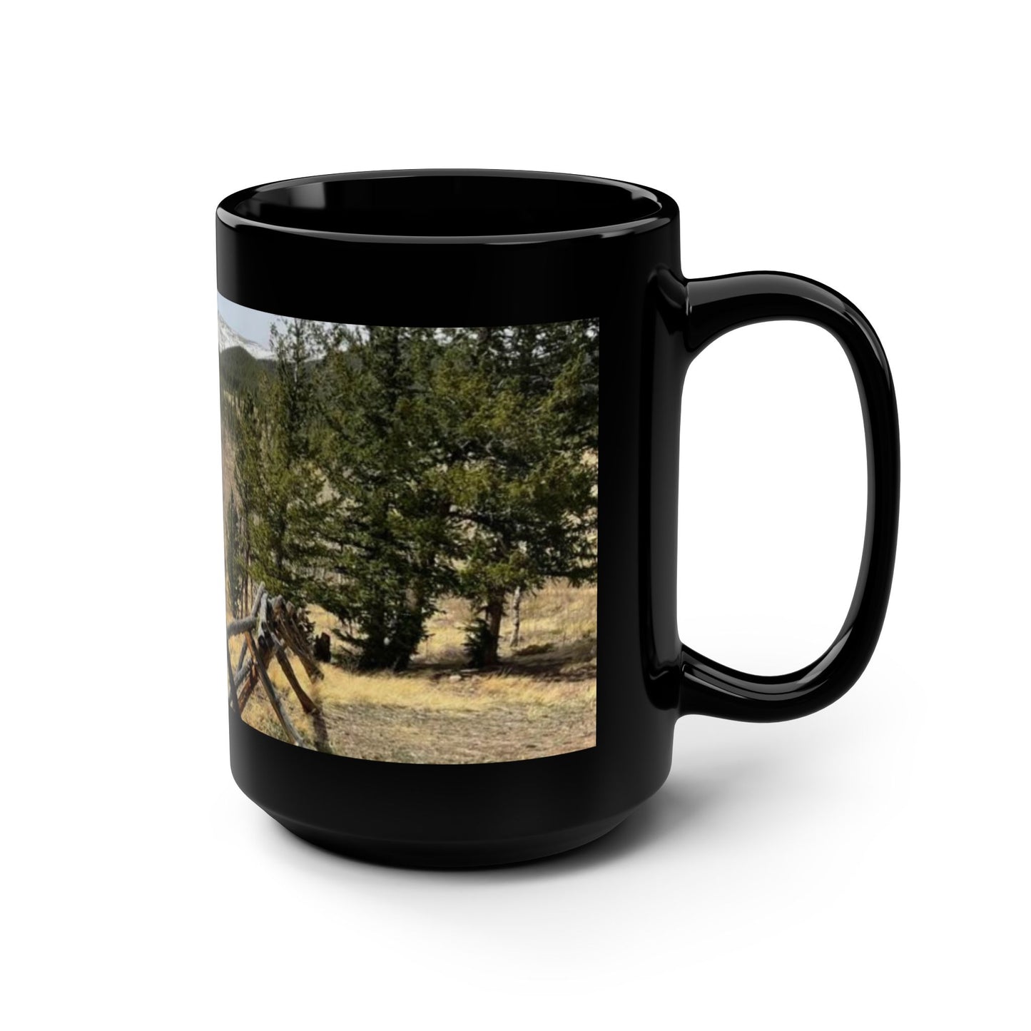 North Empire Colorado Photography  Black Coffee Mug — Scenic Fence & Pine Tree 15oz