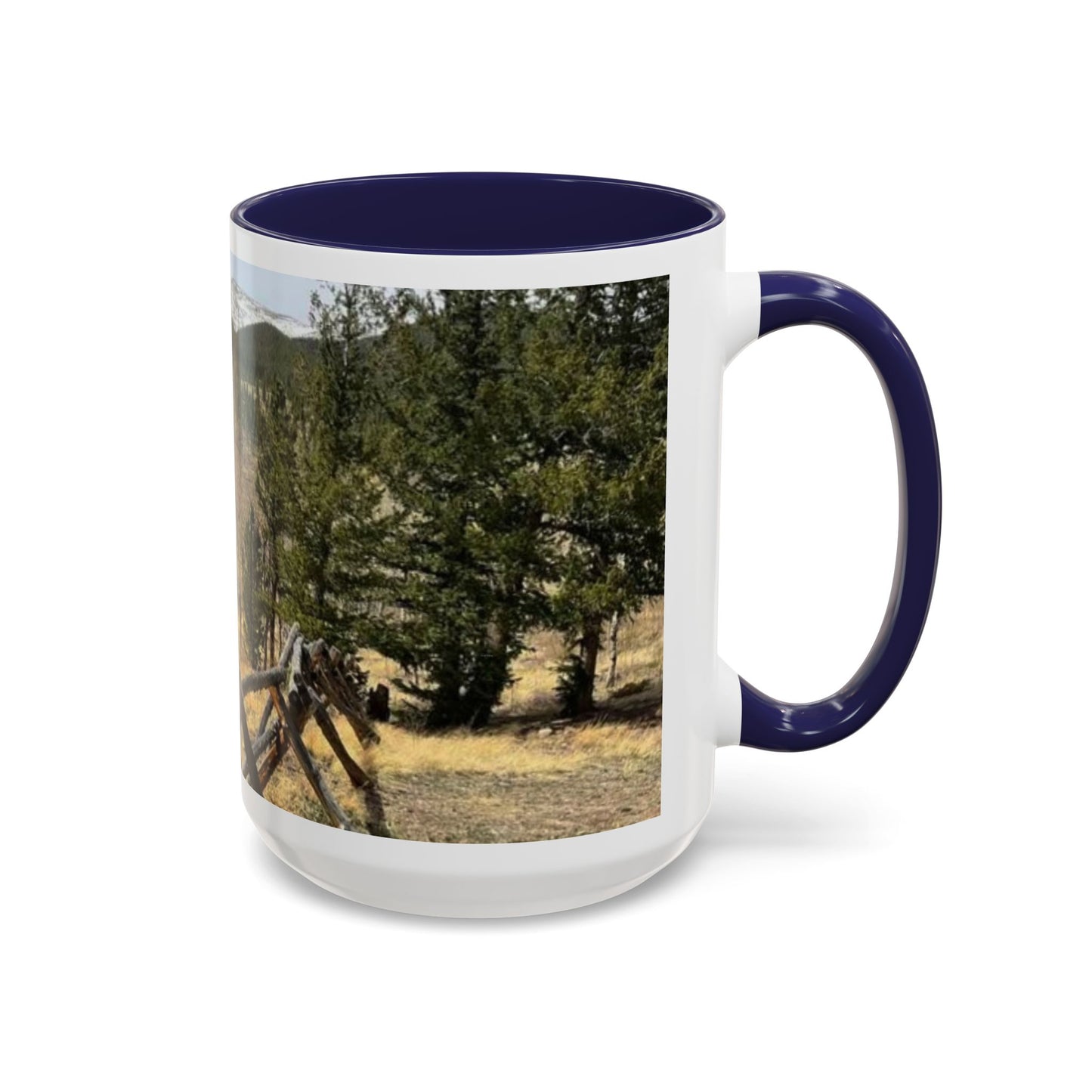 Empire Colorado Mountains Accent Coffee Mug — Scenic Pine Forest & Rustic Fence 11oz/15oz