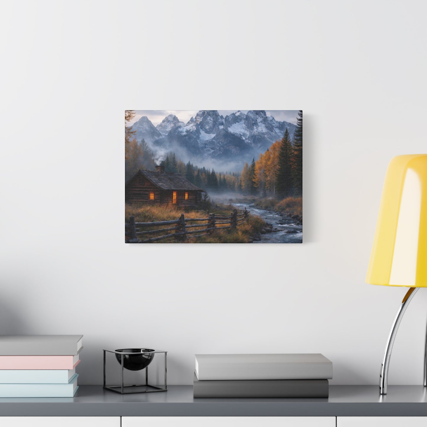 Mountain Cabin Canvas Print — Cozy Rustic Landscape Wall Art, Stretched Matte 1.25"