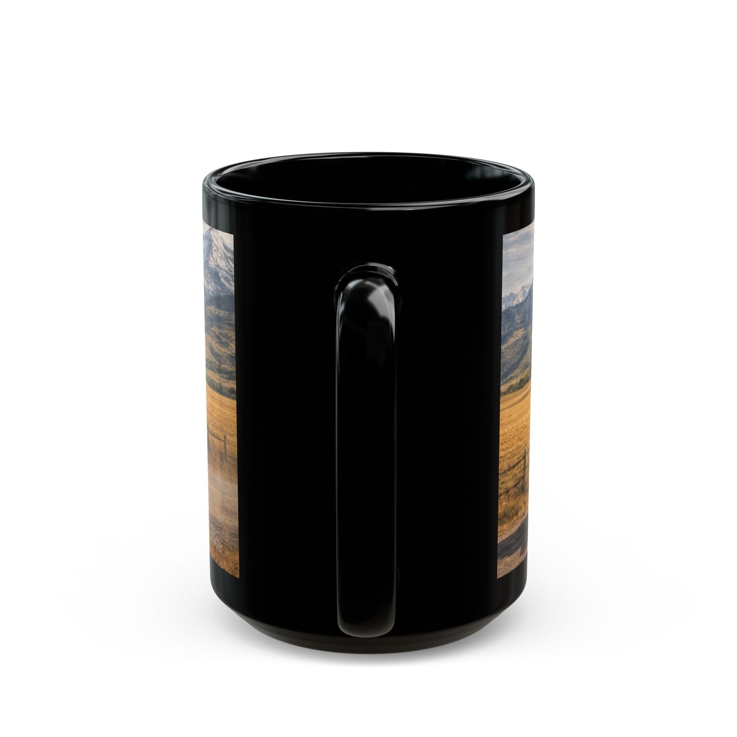Vintage Pickup Truck Scenic Black Mug — Rustic Mountain Road Coffee Cup (15oz)